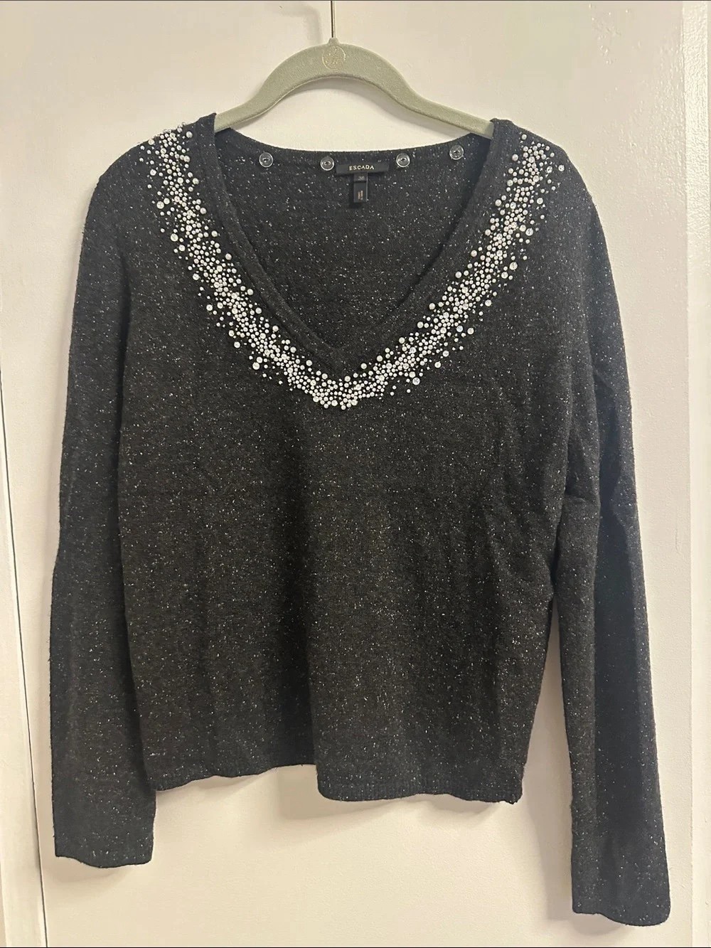 Escada Black V-Neck Sweater with Embellished Neckline